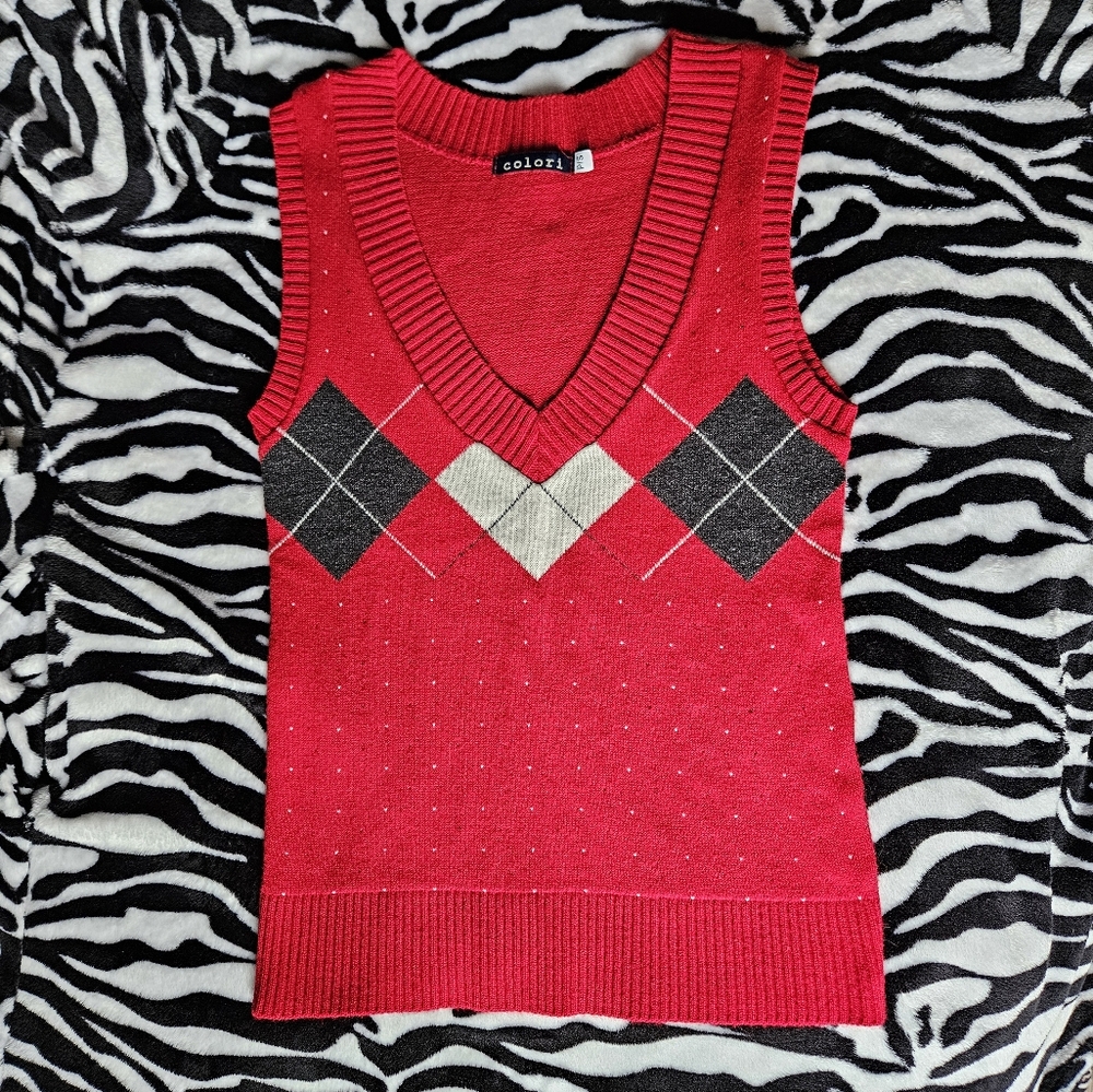 VTG 90's Colori Women's Red Argyle Sweater Vest
